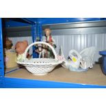A Noritake figure of a gent and donkey, a Lladro swan ornament and a china basket