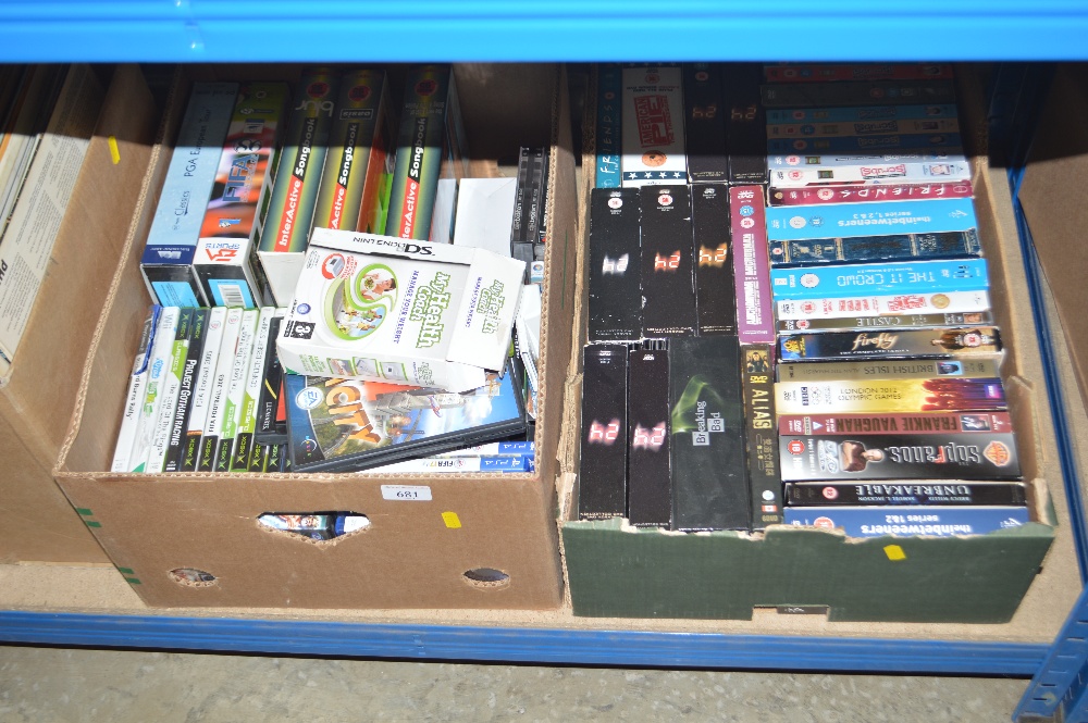 Two boxes of "X Box" games, videos etc.