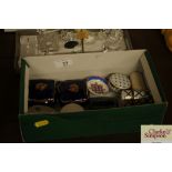 A papier-mâché snuff box, various porcelain boxes