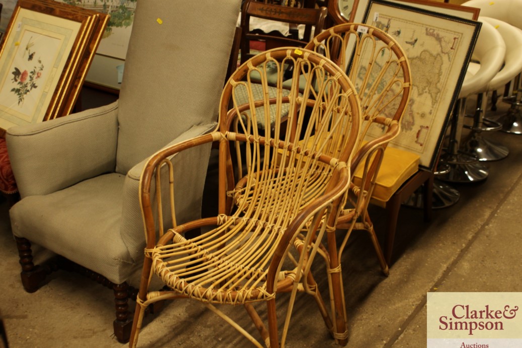 A pair of cane and bamboo chairs