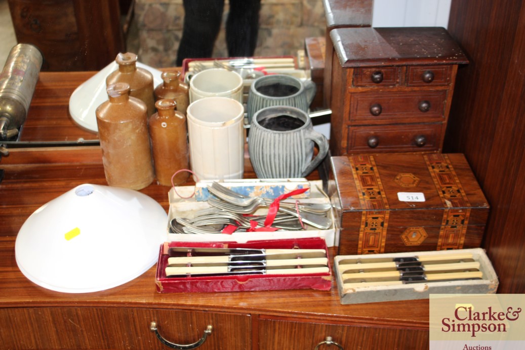 A table top chest; an inlaid box, locked; various