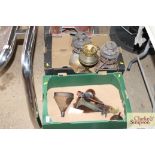 Two boxes containing tilly lamps; an oil lamp; old