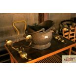 A brass coal scuttle and a pair of brass wall ligh