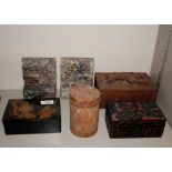 A Cinnabar lacquer box and cover; papier mâché hinged box; a carved hard wood box with dragon