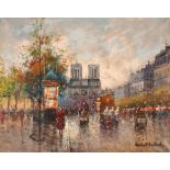 Attributed to Antoine Blanchard 1910- 1988, view of a Notre Dam street scene at early evening, oil
