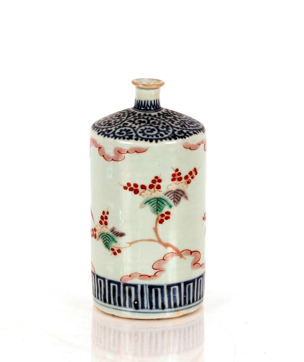 A 19th Century Japanese bottle vase, having floral bird and cloud decoration, 18cm high; and two