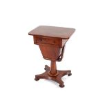 A Victorian mahogany work table, fitted single drawer and silks well below, raised on an octagonal