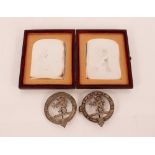 Two white metal regimental badges, and a double daguerreotype portrait photograph of a man and