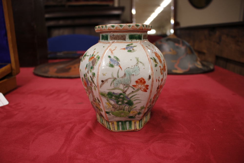 A 19th Century Chinese porcelain famille verte hexagonal vase, each panel decorated with birds, - Image 6 of 13