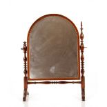 A Victorian rosewood and satinwood strung swing toilet mirror, the arched plate raised on a finely