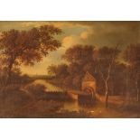 English school 18th Century, a wooded river landscape with mill fisherman on the bank, oil on panel,