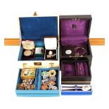 Two jewellery boxes and contents, including silver jewellery, costume brooches etc.