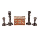 A wooden box, inset with metal ware insects; and two pairs of ebony dressing table candlesticks