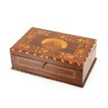 A Killarney type inlaid work box, the lid with geometric decoration and central scene of a castle,