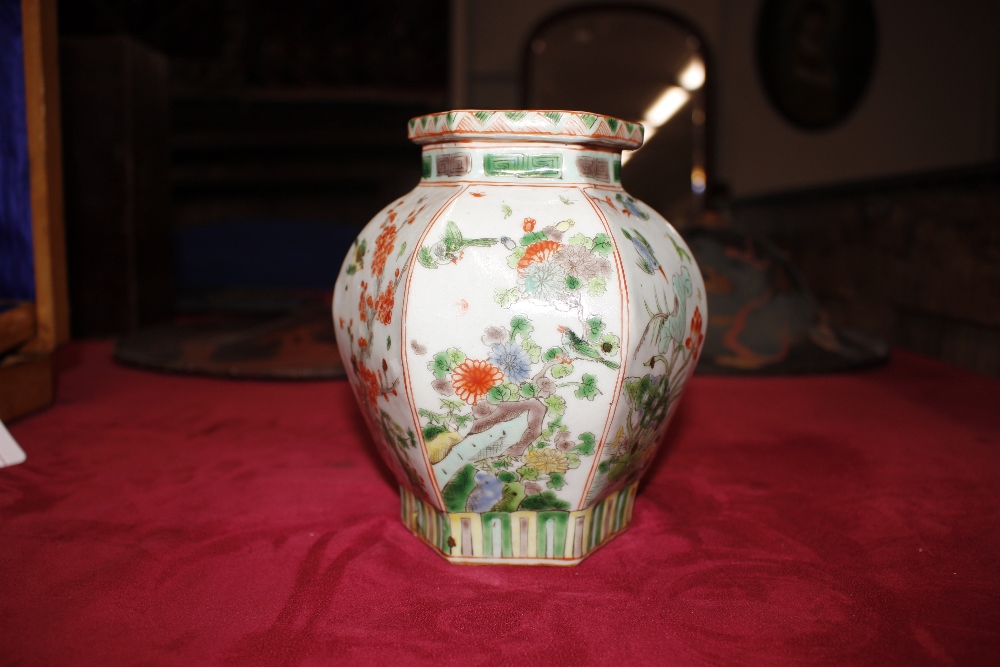 A 19th Century Chinese porcelain famille verte hexagonal vase, each panel decorated with birds, - Image 2 of 13