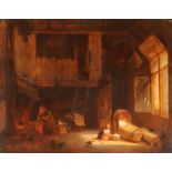 J Van Lil, study of Dutch interior scene, signed oil on panel, dated 1859, 38cm x 49cm