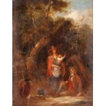 After Morland, study of a family around a tent and camp fire in woodland setting, unsigned oil on