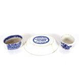 Two 19th Century blue and white potted meat pots; and a restored pie dish, transfer printed "George,