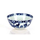 A Chinese blue and white bowl, decorated with panels of figures and scenery, four character mark