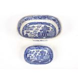A 19th Century blue and white willow pattern pie dish, with hobnail border, makers mark beneath; and