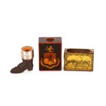 A fine wooden armorial painted matchbox holder; together with Bryant & May's tin matchbox holder;