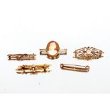 A 9ct gold brooch set pearl and red stone, 4gms; a