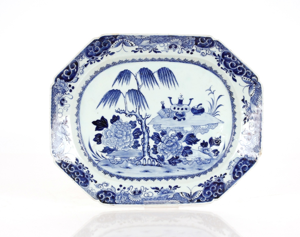 A 19th Century Chinese blue and white meat platter, decorated exotic garden scene, 41cm; a 19th