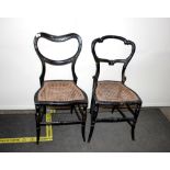 Two Victorian lacquered and mother of pearl inlaid cane seated bedroom chairs, (some damage)