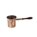 A continental white metal side pouring brandy saucepan, fitted with turned wooden handle
