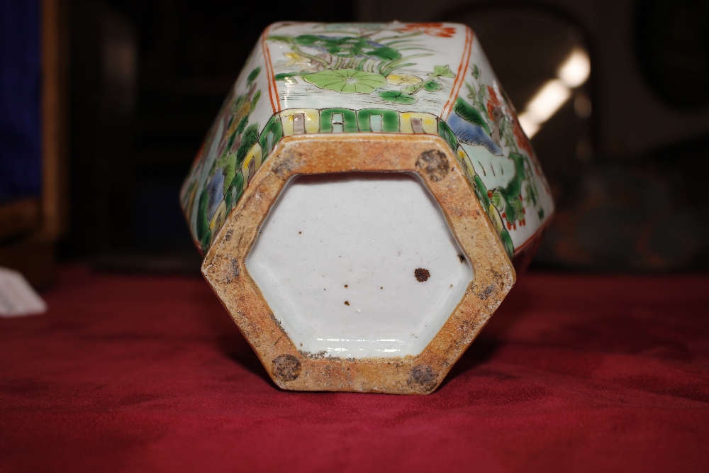 A 19th Century Chinese porcelain famille verte hexagonal vase, each panel decorated with birds, - Image 11 of 13