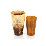Two horn beakers, with scrimshaw decoration of ships