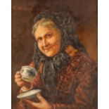 E Nicholl, 19th Century oil on canvas study of a gypsy reading tea leaves, signed, 24cm x 19cm