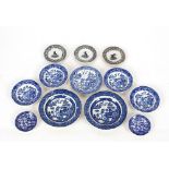 Nine 19th Century blue and white miniature plates; and three black and white miniature children's
