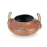 A WMF copper bowl, decorated frogs and flanked by brass loop handles, 28cm dia. overall x 16cm