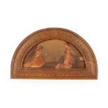 19th Century school, crescent shaped oil on panel depicting two seated ladies in gilt easel frame;