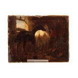 After Morland, study of a stable interior with groom and horses, oil on millboard, 15.5cm x 20cm (