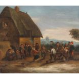 A Van Osted, 17th Century school, study of figures making merry outside a tavern, oil on board, 41cm