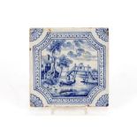 Two 18th Century Liverpool blue and white tiles, hand painted with a hunting scene and a bridge