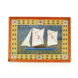 An antique wool work picture, depicting a ship, 35cm x 50cm