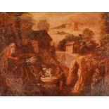 17th Century Italian school, figures around a courtyard and fountain, unsigned oil on canvas, 51.5cm