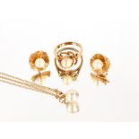 A 9ct gold and pearl set ring, 2.8gms, size "H"; a 9ct gold necklace with pearl pendant, 1.8gms