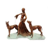 Gori, fine Art Deco bronze figure group "The Guardians" depicting young girl walking dogs, raised on