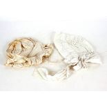 Two hand sewn white cotton linen bonnets