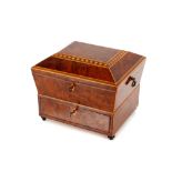 A 19th Century burr wood and inlaid work box, the lid opening to reveal a paper lined interior