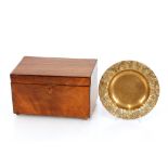 A 19th Century mahogany two compartment tea caddy; and a heavy brass dish with rural decoration