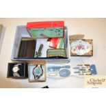 Two watches; various tins; miniature Monopoly game