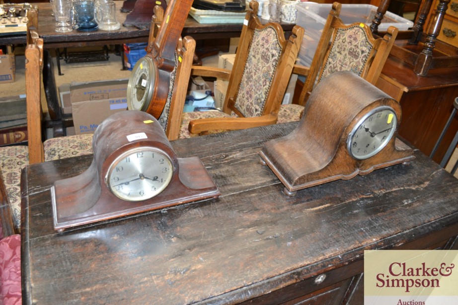 Two 1930's oak mantel clocks, one chiming