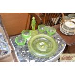 Three Uranium glass style bowls and an Art Deco ta