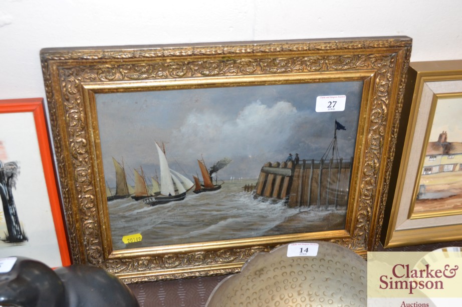 A gilt framed mixed medium study depicting barges