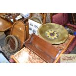 An oak oval tea tray, a lacquered dish, a wicker b